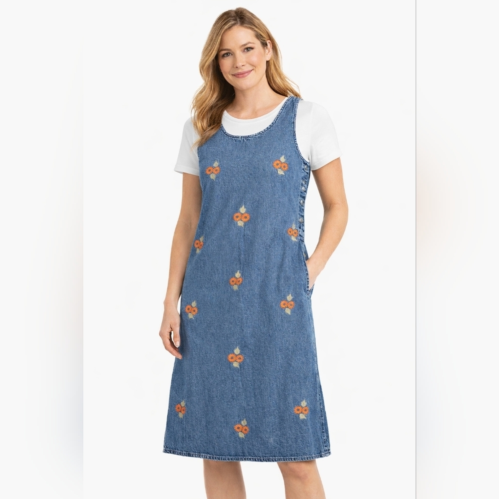 Vintage Denim Petite Sophisticates Embroidered Floral Dress Jumper Overall Y2k - Picture 1 of 9